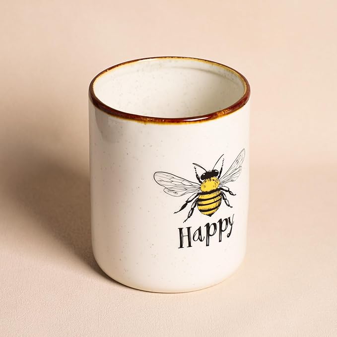 SOCOSY Bee Happy Ceramic Kitchen Utensil Holder For Countertop Large Cooking Utensil Crock Holder Spatula Holder-Yellow