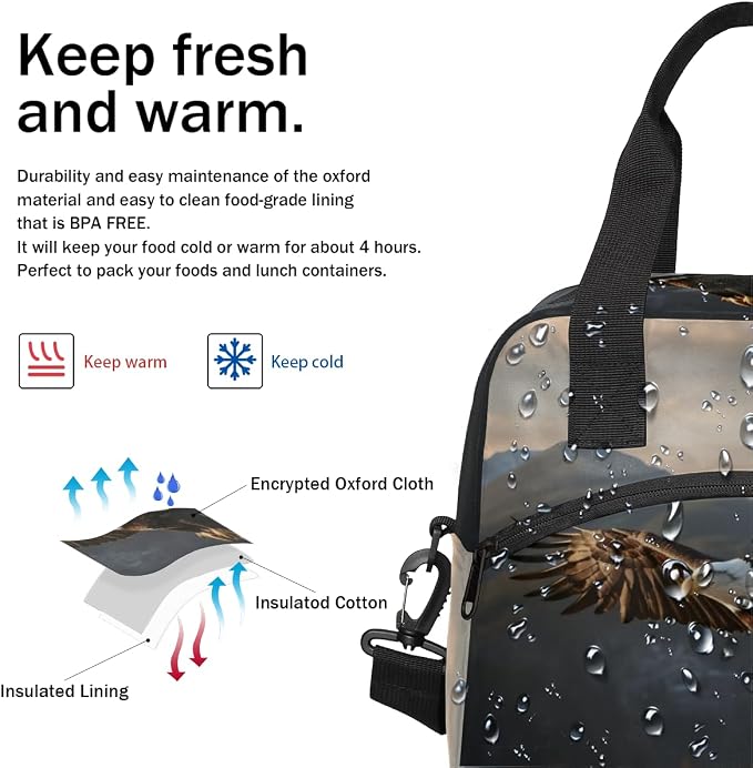 Soaring Eagle Pattern Insulated Lunch Bag for Women Men Reusable Lunch Box Cooler Bag Large Leakproof Lunch Tote with Adjustable Shoulder Strap for Adult Work Picnic Camping Beach Office