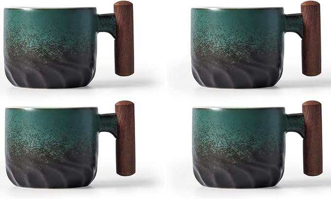 2.5oz Ceramic Espresso Cups with Wooden Handle, Chinese KungFu Tea Cup, Coffee Cups Set of 4 (Green)