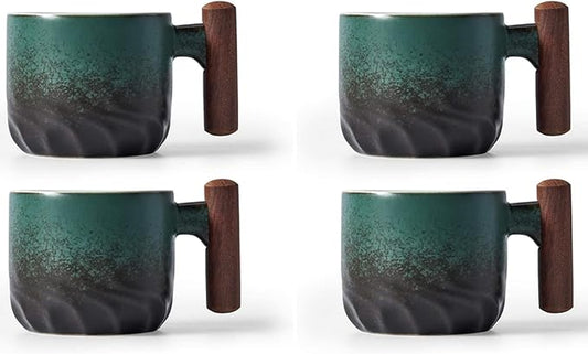 2.5oz Ceramic Espresso Cups with Wooden Handle, Chinese KungFu Tea Cup, Coffee Cups Set of 4 (Green)