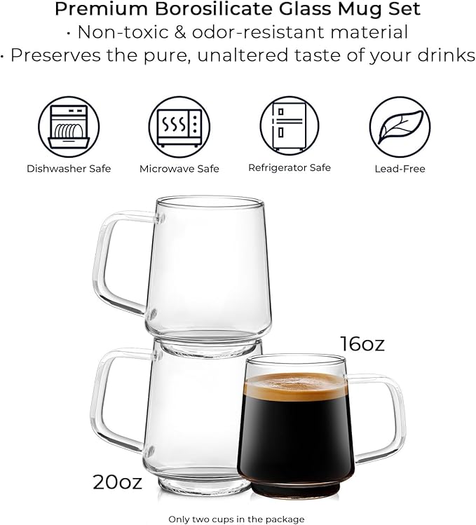 Aquach 20 Oz Glass Coffee Tea Cups, Clear Mugs with Handle, Microwave and Dishwasher safe Home Office Mug Perfect for Americano Latte Hot Beverages, 2-Pack
