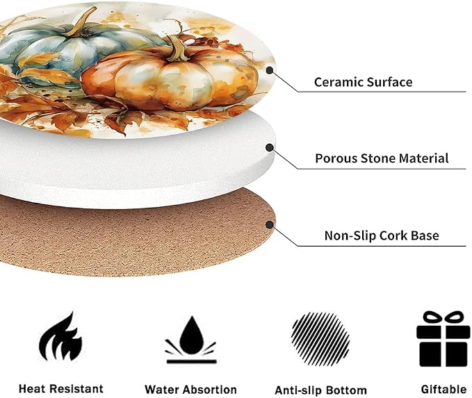 Drink Coasters for Drinks Set of 6, Vintage Autumn Watercolor Pumpkins Absorbent Round Ceramic Stone Mat, with Cork Base and Metal Holder, Home Bar Decor House Warming Gift