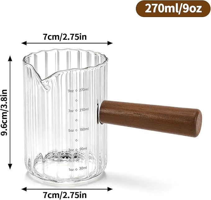 Espresso Measuring Cup 9 Oz, Espresso Glass Cups with Wood Handle, Milk Frothing Cup, Espresso Cup for Coffee, Milk, Tea or Maple Syrup Serving (Transparent, 9 oz)