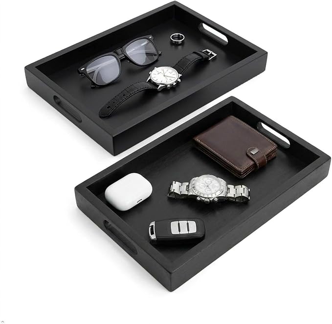 Black Acacia Wooden Rectangular Serving Tray with Handles, Set of 2 (15"x11" & 13"x10"), Large Tray for Ottoman, Breakfast in Bed, Dinner, Coffee Table Decor & Kitchen