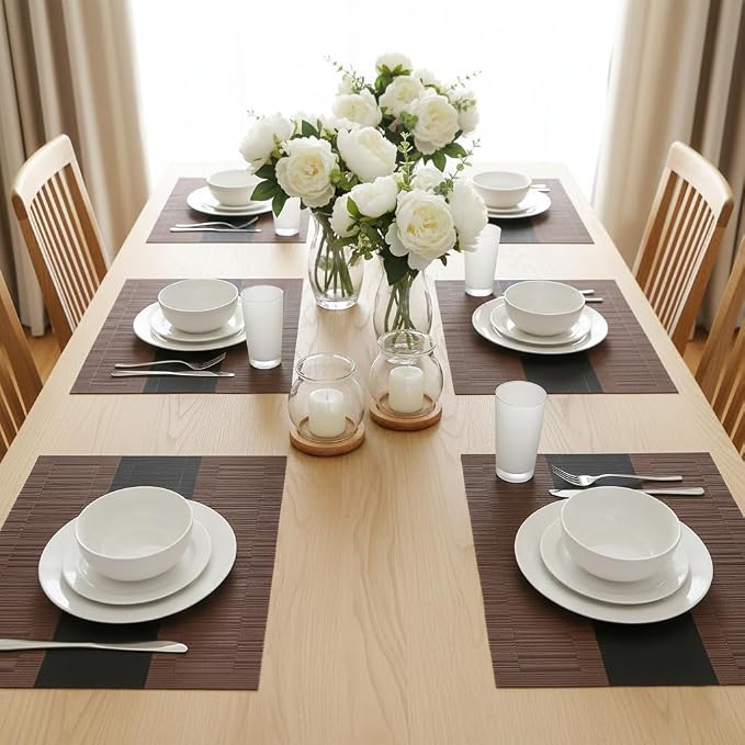Wipeable PVC Vinyl Woven Table Placemat,Set of 6,Heat-Resistant Dining Mats for Kitchen, Indoor Outdoor Use,12×17 Inch,Coffee Gradient