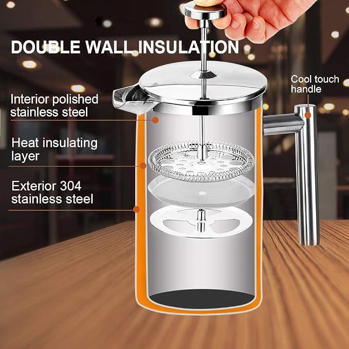 Secura French Press Coffee Maker, 304 Grade Stainless Steel Insulated Coffee Press with 2 Extra Screens, 50oz (1.5 Litre), Silver (Pack of 2)