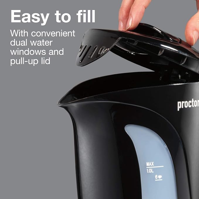 Proctor Silex Electric Tea Kettle, Water Boiler & Heater Auto-Shutoff & Boil-Dry Protection, 1000 Watts for Fast Boiling, 1 Liter, Black (K2071PS) (Pack of 2)