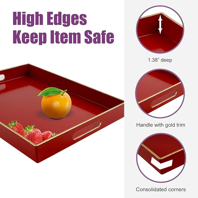 Gifturbo Red Large Serving Tray with Handles，Rectangular Plastic Elegant Decorative Coffee Table Tray for Ottoman, Living Room, Bathroom, Home Decor, Vanity Tray with Gold Trimming, 15.7” x 11.8”