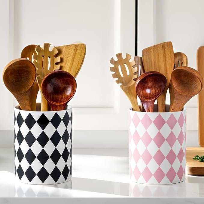 Kitchen Utensil Holder, 6.3" Ceramic Cooking Utensil Holder for Countertop, Large Utensil Crocks for Decor , Modern Farmhouse Checkered Utensil Organizer for Cooking Tools (Diamond Black, 6.3 inch)