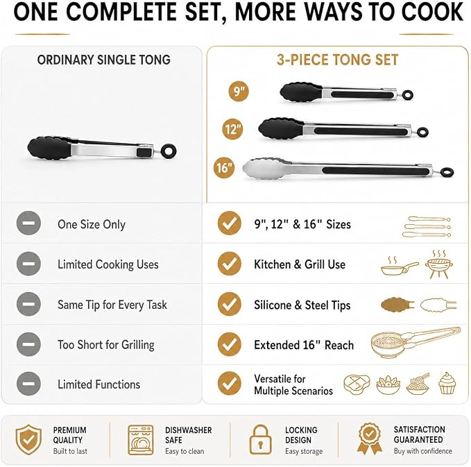 3 Pack Kitchen Tongs Set, 9+12+16" Cooking Tongs with Locking Mechanism, 9" & 12" Nonstick Tongs and 16" Stainless Steel Grill Tongs, Heat Resistant Food Tongs for Cooking, Serving, BBQ & Air Fryer