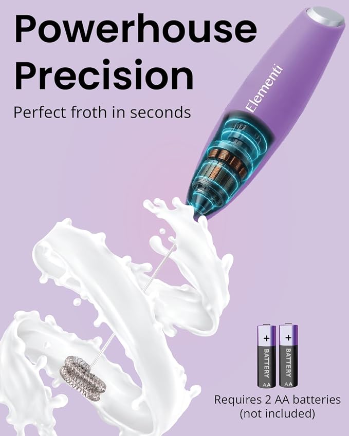 Elementi Milk Frother Wand - Easy to Use Handheld Electric Stirrer for Powder Drinks, Durable & Powerful Coffee Whisk & Protein Powder Mixer Wand, Hand Frother, Coffee Stirrers Electric (Lavender)