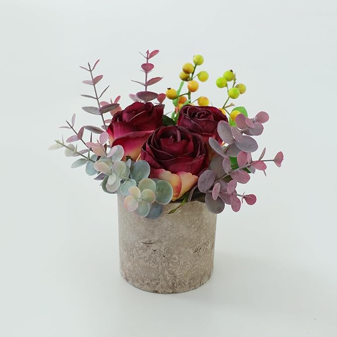 Small Artificial Burnt Burgundy Rose Potted Plant, 6" Fake Silk Flowers in 3" Cylindrical Pot, Mini Faux Floral Arrangement for Desk Shelf Bathroom Decor