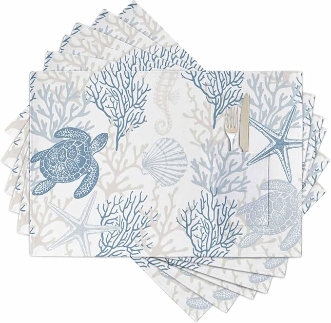 Blue Grey Coastal Placemats Set of 6, Woven Placemat Washable Wipeable Table Placemat with Pocket, Holiday Cloth Table Mat for Party Kichen Dinner Sea Turtle Nautical Coral Summer Beach