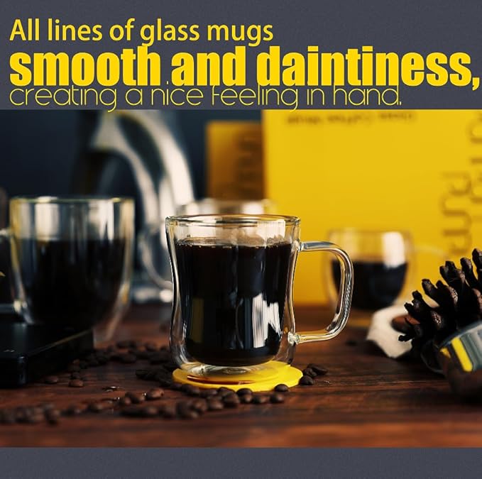 PunPun Coffee 12oz.350ml Glass Mugs Espresso Cups Coffee Glass Cups Champagne Glass Clear Drinking Cups, Tea Cups Wine Glass, Microwave Safe Borosilicate Glass Cup (12 OZ./Set of 2)