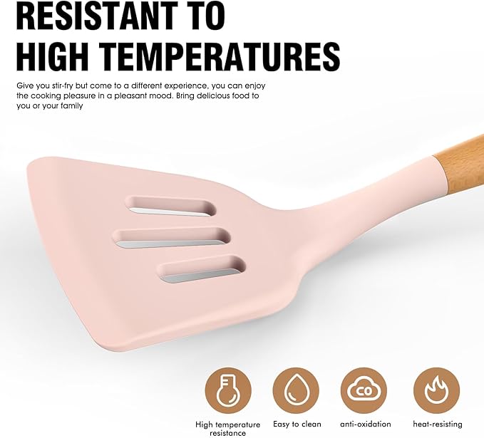 Silicone Cooking Utensils Set - AVGPD Silicone Kitchen Utensils for Cooking Wooden Handles, 446°F Heat Resistant Kitchen Utensil Spatula Sets, Gadgets for Non-Stick Cookware BPA FREE (Multicolour)
