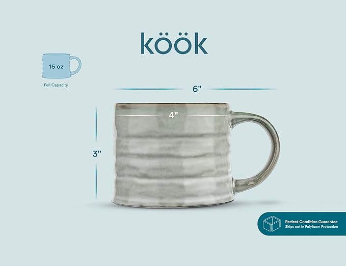 KooK Glazed Coffee Mugs, Ceramic, Microwave & Dishwasher Safe, 13 oz, Java/Slate Lined, Set of 2