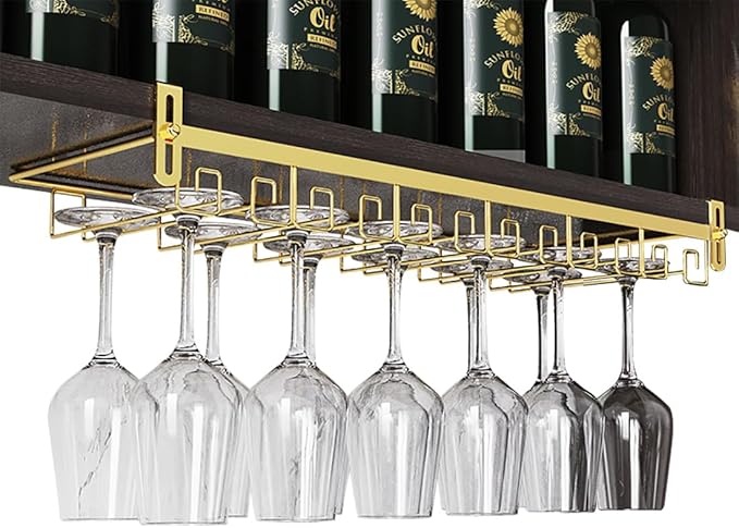 CAKERS Creative Wine Glass Holder|Under Cabinet Iron Art Stemware Rack|Hanging Wine Glass Drying Holder For Kitchen Bar Restaurant,Gold,6 Rows