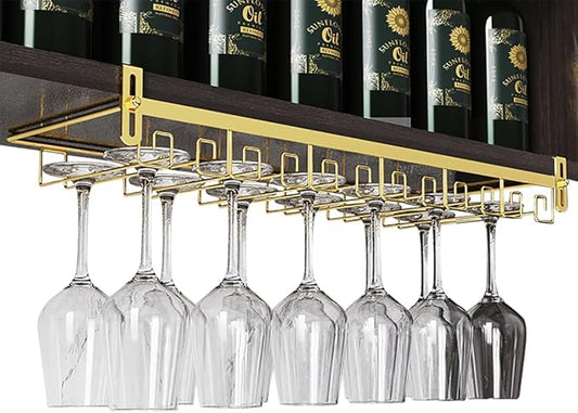 CAKERS Creative Wine Glass Holder|Under Cabinet Iron Art Stemware Rack|Hanging Wine Glass Drying Holder For Kitchen Bar Restaurant,Gold,6 Rows