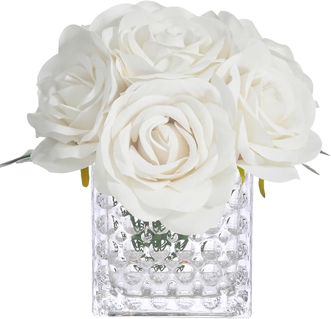 Fule Artificial Silk Rose Flower Centerpiece Arrangement in Glass Vase with LED Light for Home Wedding Decoration (Ivory)