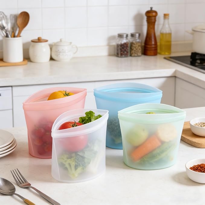 4-Pack Reusable Silicone Food Storage Bags, Stand-Up Pinch-Seal Design, BPA-Free, Microwave & Dishwasher Safe, Mixed Colors (34 oz)