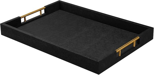 16×20 Inches Black Faux Leather Coffee Serving Tray Decorative Ottoman Trays with Gold Metal Handles Decor for Living Room Rectangle Large Bed Breakfast Organizer for All Occasions Multipurpose Using