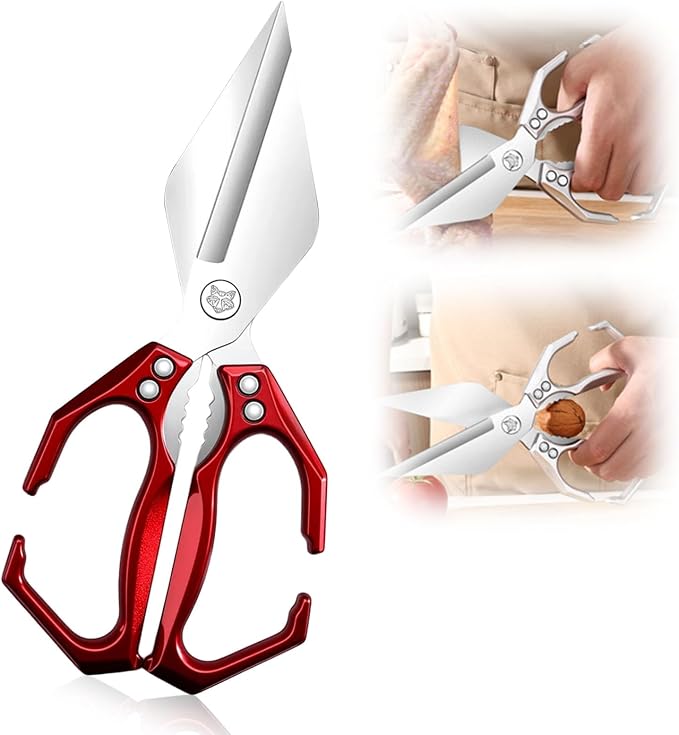 Multifunctional Heavy-Duty Kitchen Shears, Stainless Steel Kitchen Scissors for Food, Poultry Shears, Poultry, Meat, Seafood, Bone Cutting, Dishwasher Safe Ergonomic Handle (Red)