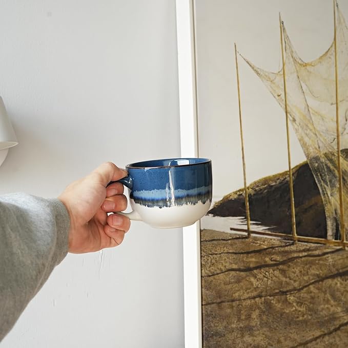 Bosmarlin Ceramic Coffee Mug Set of 4, 16 Oz, Jumbo Latte Mugs, Dishwasher and Microwave, Unique Reactive Glaze (Deep Blue, 16 Oz)
