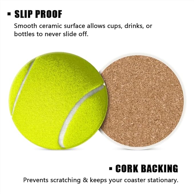 Round Ceramic Stone Cork Drink Coasters, Tennis Ball with White Line Absorbent Removable Non-Slip Cup Mat Place for Kitchen Counter Drinks Coffee Cup Tableware Set of 1 (4 * 4 Inch)