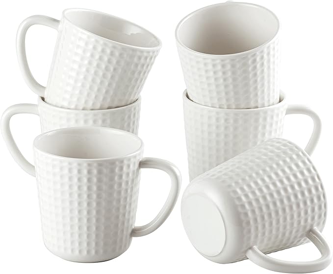 15 oz Ceramic Coffee Mugs Set of 6 - White Waffle Embossed Coffee Cups with Large Handle - Mugs for Latte, Cappuccino & Hot Cocoa - Dishwasher & Microwave Safe - Father's Day & Housewarming Gift