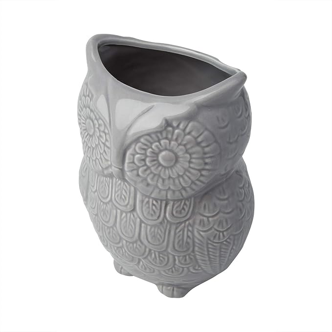 Comfify Owl Utensil Holder Decorative Ceramic Cookware Crock & Organizer, in Lovely Grey Color - Utensil Caddy and Perfect Kitchen Ceramic Decor Gift - 5" L x 7" H x 4" W