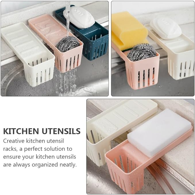 3pcs Kitchen Soap Rack Suction Cup Design and Lengthened Beveled Edges, Blue Pp Material Sponge Draining Organizer Shelves over Sink Storage and Rice Spoon Holder Random Color