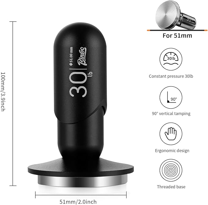 Bincoo Espresso Coffee Tamper 51mm,30lb Spring-Loaded Calibrated Tamper-Stainless Steel Base Espresso Coffee Tamper for Barista Home Coffee Espresso Accessories (Black, 51mm)