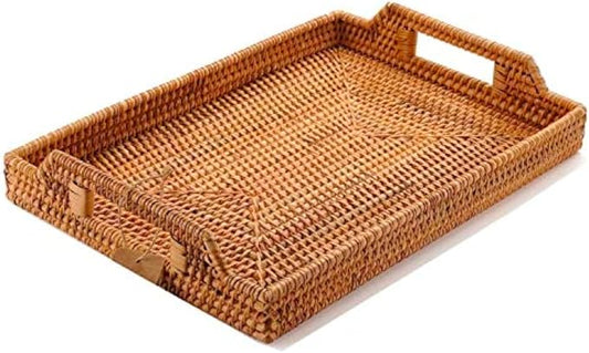 Small Hand-Woven Rattan Serving Tray with Handles – 14.5" Rectangular Snack Tray for Coffee Table, Fruit, Drinks, Decor