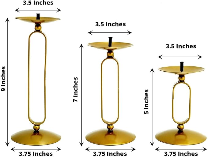 Efavormart Set of 3 | Gold Metal Geometric Oval Design Pillar Candle Holder Stands, Candle Centerpieces - Assorted Sizes
