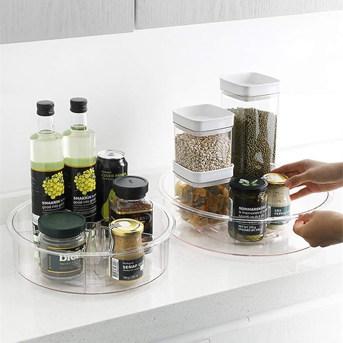 SANNO Lazy Susan Spinning Organizer with Dividers - Food Safe Turntable Spice Rack for Kitchen Cabinet, Pantry, Refrigerator & Countertop