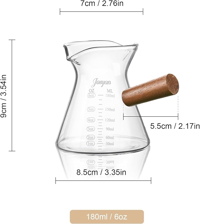 Joeyan 6 oz Glass Measuring Cup with Double Spouts,Clear Borosilicate Espresso Shot Glasses with Wooden Handle,Milk Creamer Frothing Pitcher Barista Coffee Carafe