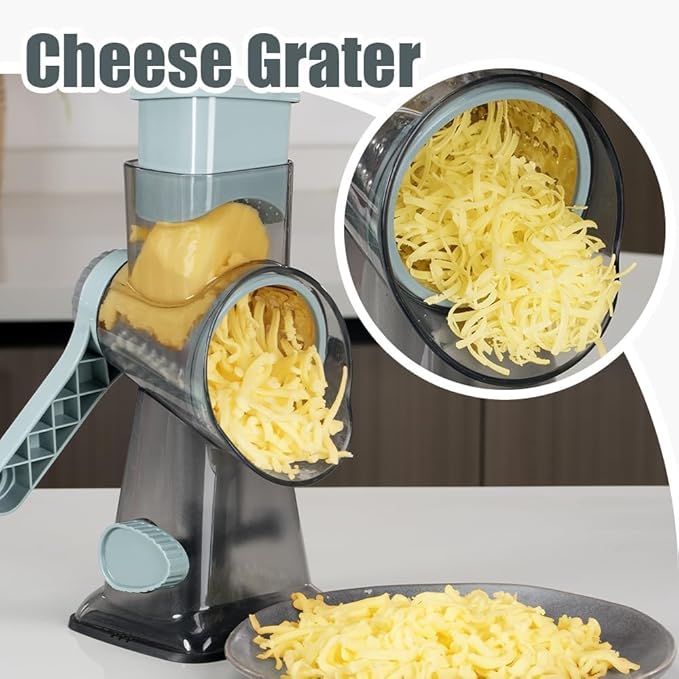 KEOUKE Rotary Cheese Grater Pro 6 in 1 - Shredder Crinkle Slicer Grinder Ice Shaver, Stable Suction, Time-saving Easy Use & Clean, Safe Morden Kitchen Tool for Cheese, Vegetable, Nuts, Chocolate