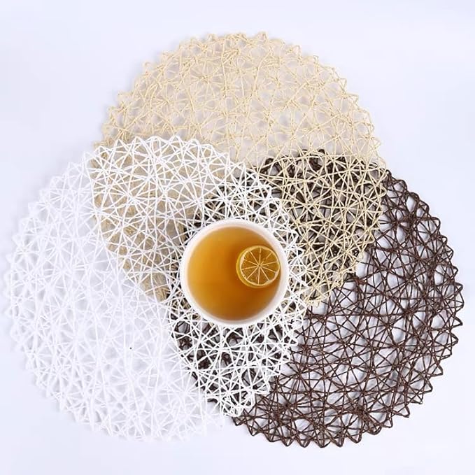 IcosaMro Brown Round Placemats Set of 6 for Dining Table, 15 Inch Paper Woven Boho Decorative Tan Circle Place Mat for Wedding Christmas Thanksgiving Day Holiday Dinner, Tan Brown