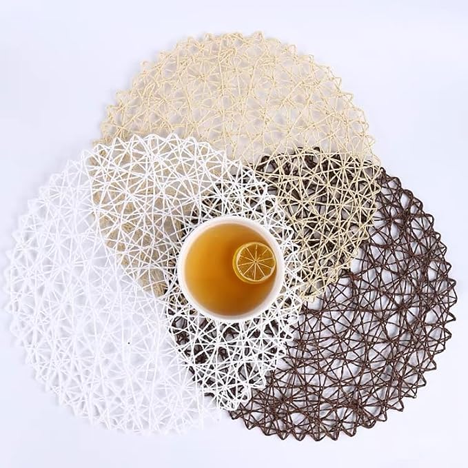IcosaMro Beige Round Placemats Set of 6 for Dining Table, 15 Inch Paper Woven Boho Decorative Circle Place Mat for Wedding Christmas Thanksgiving Day Holiday Dinner, Beige