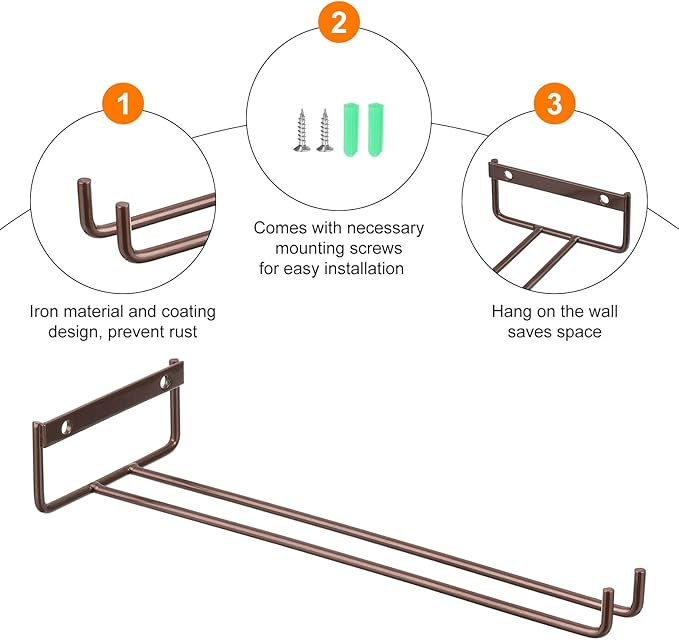uxcell 4Pcs Wine Glass Rack, 11.02 Inch Iron Wine Glasses Rack Under Cabinet Stemware Rack - Wall Mountable Wine Glass Holder Storage Hanger for Bars Coffee Restaurants Kitchens, Bronze