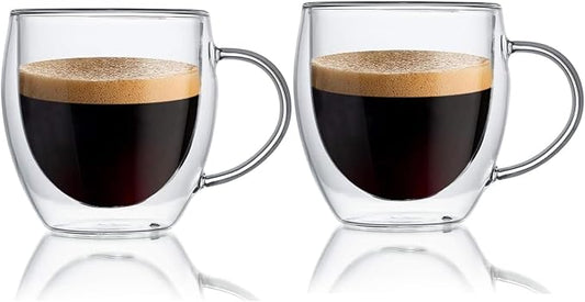 Espresso Cups Set Of 2 8 Oz, Double Walled Glass Coffee Mugs with Handle,Insulated Layer Coffee Cups,Clear Borosilicate Glass Mugs,Perfect for Cappuccino,Tea,Latte,Espresso,Hot Beverage,Wine