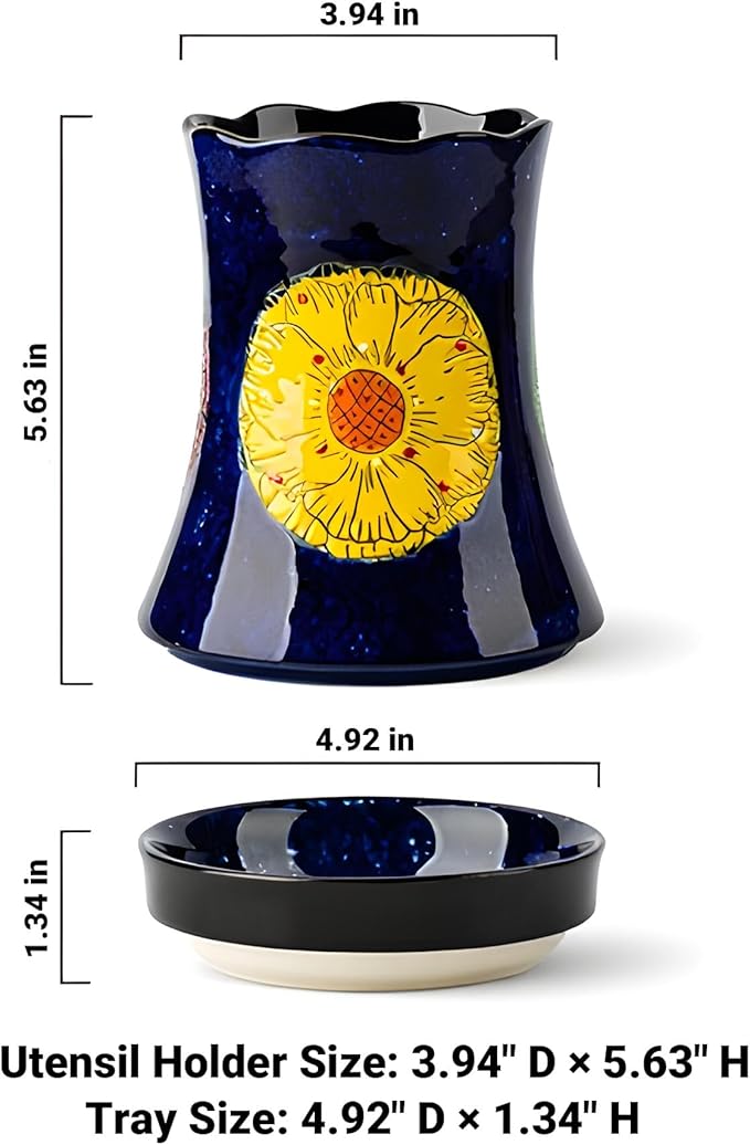 Utensil Holder for Kitchen Counter, Large Ceramic Utensil Holder Crock with Drain Tray, Hand-Painted Floral Rustic Farmhouse Kitchen Crock, Perfect for Women, Christmas, Hostess Gifts & Fall Decor