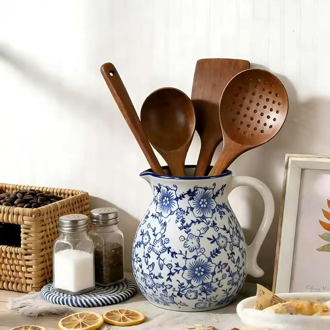 Farmhouse Ceramic Utensil Holder, 6.1" Modern Rustic Cooking Utensil Holder for Kitchen Counter Decor with Handle, Vintage Ceramic Utensil Organizer for Home Kitchen Countertop(Blue white)