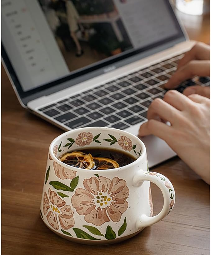 Elegant Floral Ceramic Mug ，Blue Flower Design mug with Handle, Unique Watercolor Flower Design Tea Mug for Home & Office，Microwave safety (Pink 2 Set)