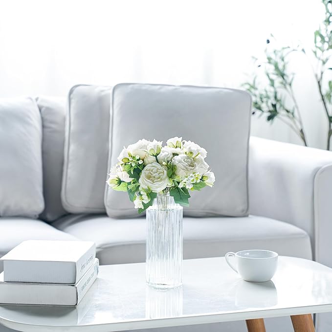 Mkono Peonies Artificial Flowers, Small Silk Flowers for Home Decor Indoor Fake Bouquet Faux Floral Arrangements Dining Table Centerpieces for Kitchen Party Decor White