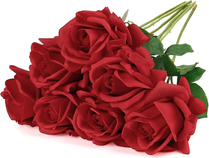 Eyamuno 7pcs Artificial Rose Fake Flowers Long Stem Fake Silk Real Touch Roses for DIY Wedding Party Table Centerpiece Home Decor, 45CM, Red-45cm
