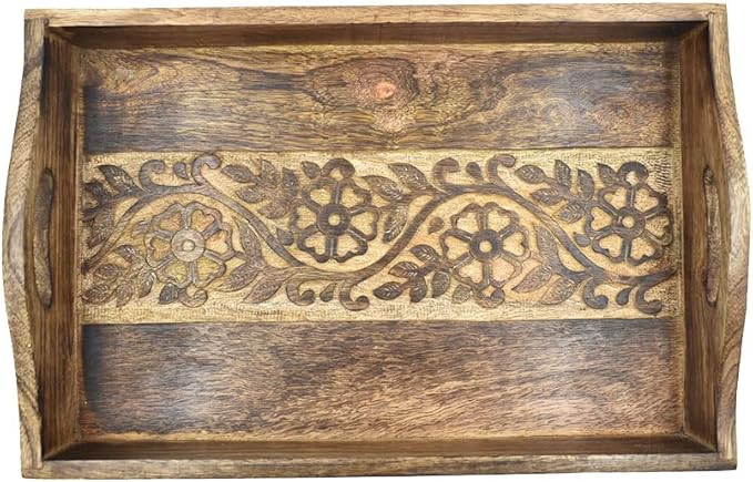 STORE INDYA Rustic Large Wooden Serving Tray Platter for Tea Snack Dessert with Handle Hand Carved Floral Design. Kitchen Dining Serve-Ware Accessories 14 x 10 Inches