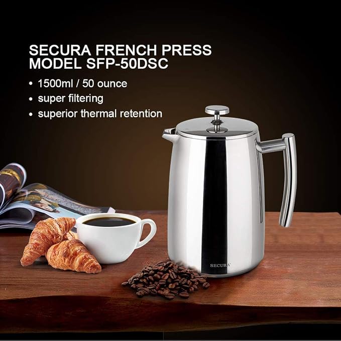 Secura French Press Coffee Maker, 50-Ounce, 304 Stainless Steel Insulated Coffee Press with Extra Screen (Pack of 2)