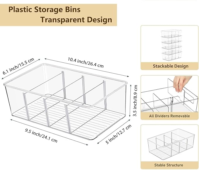 4 Pcs Clear Pantry Organizers and Storage,Plastic Storage Bins for Fridge with Removable Dividers, Kitchen Cabinet Organizers Ideal for Kitchen, Pantry, Refrigerator, Freezer, and Snack Storage