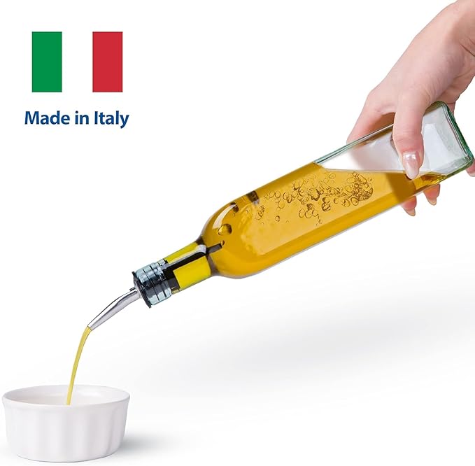 Olive Oil Dispenser Bottle - 16 oz, Made in Italy Glass Olive Oil and Vinegar Cruet with Stainless Steel Spout for Kitchen, Slight Green Tint (2, 473 ml)